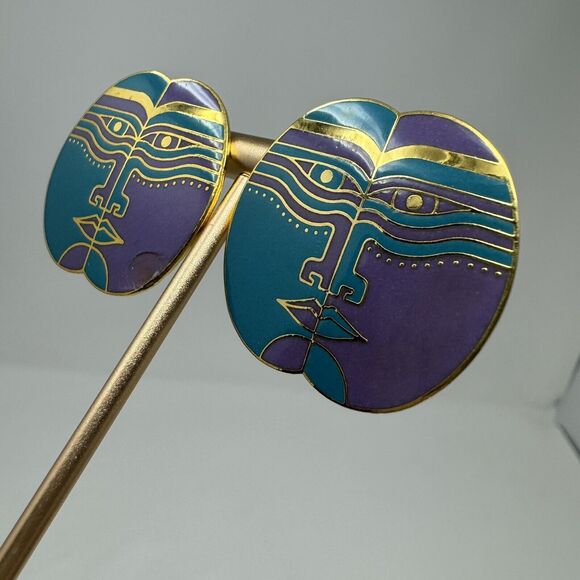 Laurel Burch Moon God Enamel Teal & purple Gold Tone Earrings - Picture 3 of 4